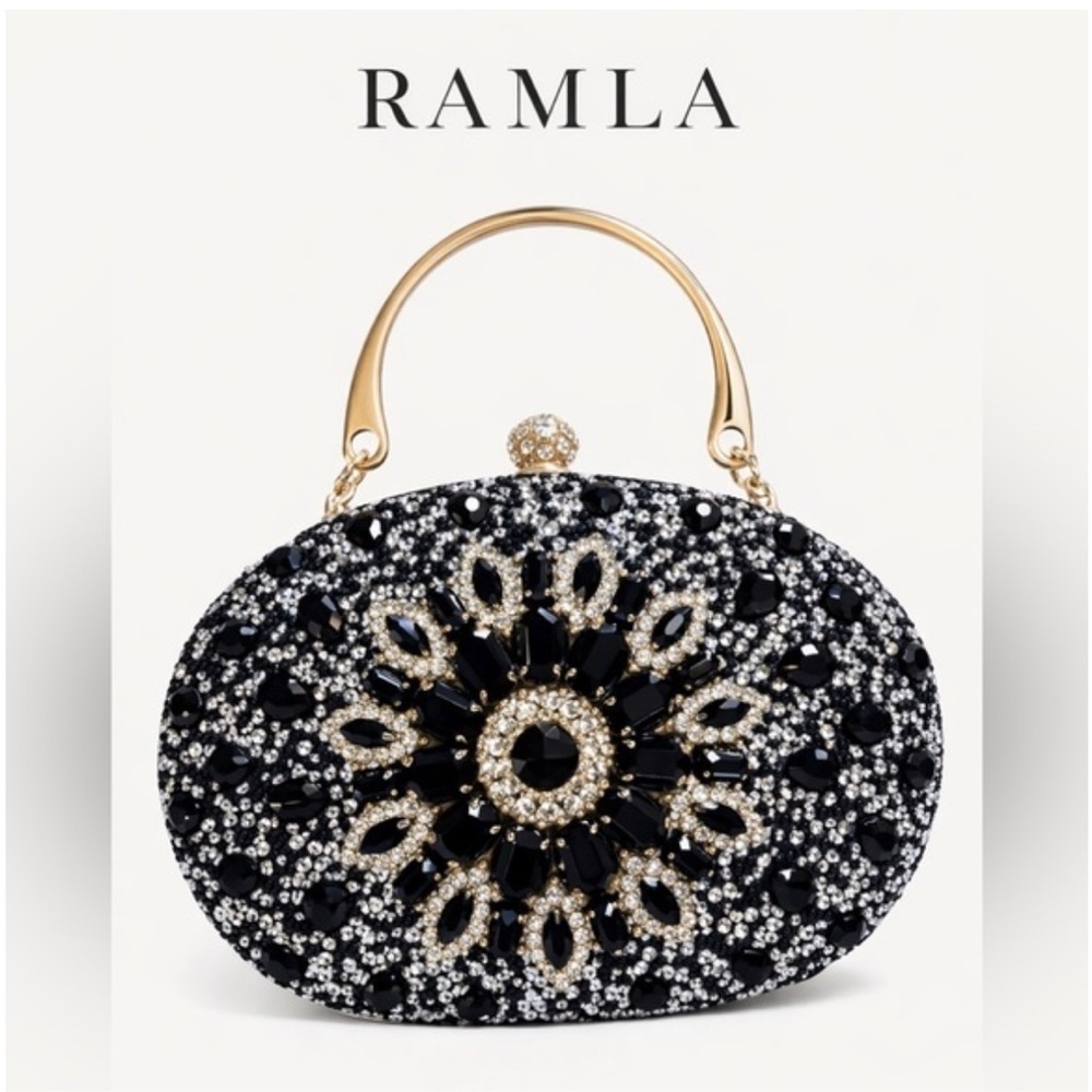 Ramla Black gold Rhinestone Flower Decor Clutch bag purse - Picture 2 of 6